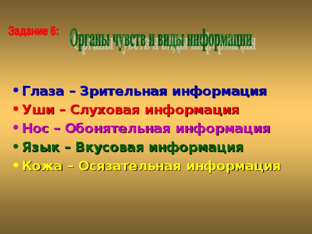 Глаза – Зрительная информация Уши – Слуховая информация Нос – Обонятельная информация Язык – Вкусовая информация Кожа – Осязательная информация