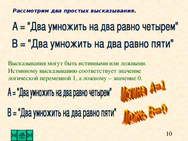 Рассмотрим два простых высказывания.  Высказывания могут быть истинными или ложными. Истинному высказыванию соответствует значение логической переменной 1, а ложному – значение 0.