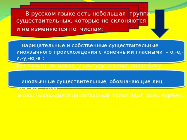 В русском языке есть небольшая группа существительных, которые не склоняются и не изменяются по числам:  нарицательные и собственные существительные иноязычного происхождения с конечными гласными – о,-е,-и,-у,-ю,-а : без пальто, по шоссе, у кенгуру, в меню, возле Баку;  иноязычные существительные, обозначающие лиц женского пола  и оканчивающиеся на согласный: голос Эдит, роль Кармен,