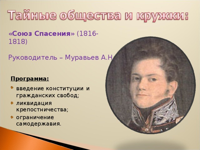 « Союз Спасения » (1816-1818) Руководитель – Муравьев А.Н. Программа: