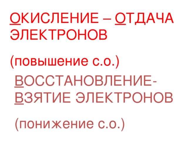 О КИСЛЕНИЕ – О ТДАЧА ЭЛЕКТРОНОВ (повышение с.о.) В ОССТАНОВЛЕНИЕ- В ЗЯТИЕ ЭЛЕКТРОНОВ (понижение с.о.)