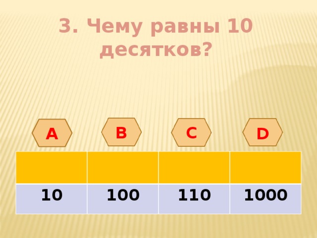 3. Чему равны 10 десятков? А B С D 10 100 110 1000