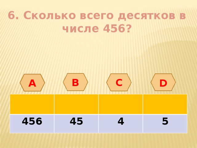 6. Сколько всего десятков в числе 456? А B С D 456 45 4 5