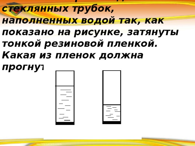 Нижние отверстия одинаковых стеклянных трубок, наполненных водой так, как показано на рисунке, затянуты тонкой резиновой пленкой. Какая из пленок должна прогнуться больше ?