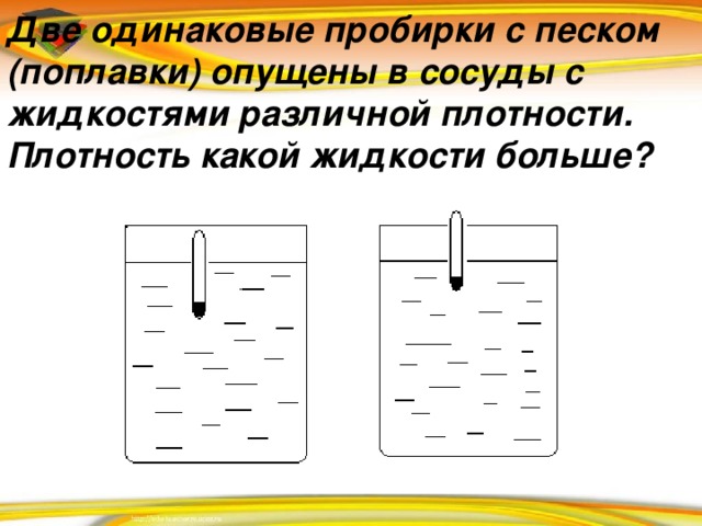 Две одинаковые пробирки с песком (поплавки) опущены в сосуды с жидкостями различной плотности. Плотность какой жидкости больше?