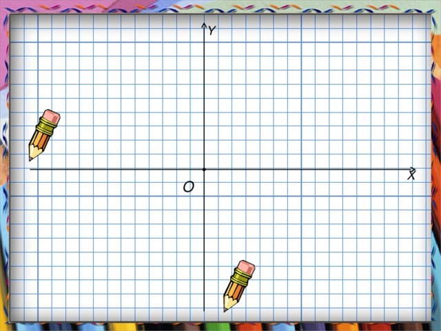 Y X О Демонстрация портрета… (щелчок) Нарисуем на листе в клетку две перпендикулярные оси (щелчок), точку их пересечения обозначим через О (щелчок). Горизонтальная ось (щелчок) называется осью OX , вертикальная (щелчок) – осью OY . Место пересечения осей OX и OY ( щелчок) называется началом координат, которое обозначают цифрой 0 («ноль») (щелчок).