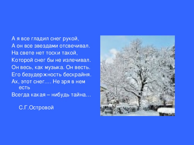 А я все гладил снег рукой, А он все звездами отсвечивал. На свете нет тоски такой, Которой снег бы не излечивал. Он весь, как музыка. Он весть. Его безудержность бескрайня. Ах, этот снег.… Не зря в нем есть Всегда какая – нибудь тайна…     С.Г.Островой