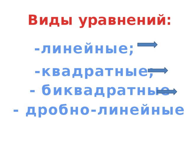 Виды уравнений: -линейные; -квадратные; - биквадратные - дробно-линейные