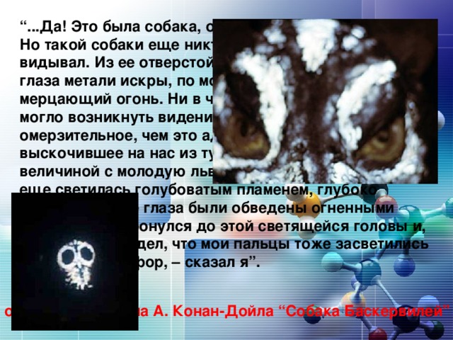 “ ...Да! Это была собака, огромная, черная, как смоль. Но такой собаки еще никто из нас, смертных, не видывал. Из ее отверстой пасти вырывалось пламя, глаза метали искры, по морде и загривку переливался мерцающий огонь. Ни в чьем воспаленном мозгу не могло возникнуть видение более страшное, более омерзительное, чем это адское существо, выскочившее на нас из тумана... Страшный пес, величиной с молодую львицу. Его огромная пасть все еще светилась голубоватым пламенем, глубоко сидящие дикие глаза были обведены огненными кругами. Я дотронулся до этой светящейся головы и, отняв руку, увидел, что мои пальцы тоже засветились в темноте. Фосфор, – сказал я”. отрывок из романа А. Конан-Дойла “Собака Баскервилей”