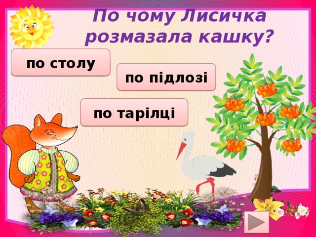 По чому Лисичка розмазала кашку? по столу по підлозі по тарілці