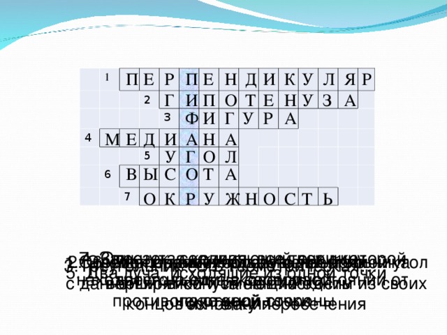 Е Д Е П Р П К У Л Я Н Р И 1 4 2 6 3 5 7 У А Н Е Т П И Г З О Ф А И У Р Г Н А А И Д Е М О Л У Г С О Т А В Ы У О С Т Ь К Р Н Ж О 4. Отрезок, соединяющий вершину треугольника с серединой противоположной стороны 7. Замкнутая кривая, все точки которой находятся на одинаковом расстоянии от некоторой точки 6. Перпендикуляр, опущенный из вершины конуса на плоскость основания 2. Элемент прямоугольного треугольника 1.Отрезок прямой, образующий прямой угол с данной прямой и имеющий одним из своих концов их точку пересечения 3.Треугольник есть геометрическая… 5. Два луча, исходящие из одной точки