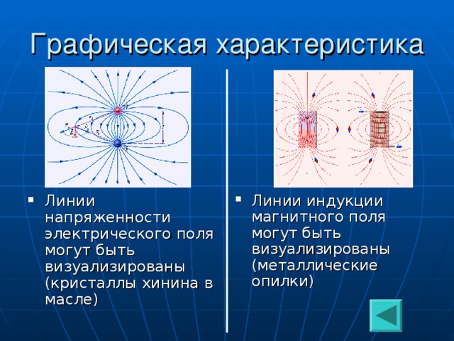 Линии индукции магнитного поля могут быть визуализированы (металлические опилки) Линии напряженности электрического поля могут быть визуализированы (кристаллы хинина в масле)