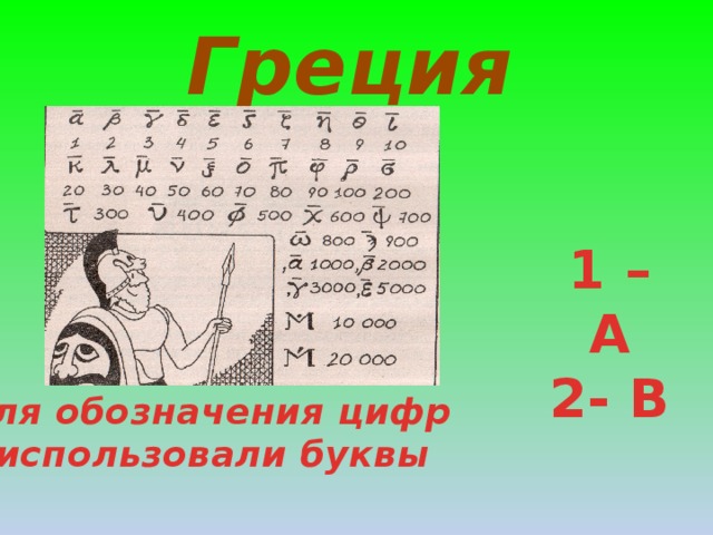 Греция 1 –А 2- В Для обозначения цифр  использовали буквы