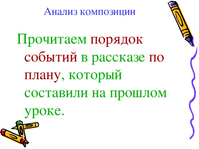 Анализ композиции Прочитаем порядок событий в рассказе по плану , который составили на прошлом уроке.