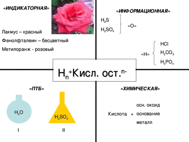 «ИНДИКАТОРНАЯ» «ИНФОРМАЦИОННАЯ» Н 2 S H 2 SO 4 «О» Лакмус – красный Фенолфталеин – бесцветный Метилоранж - розовый HCl H 2 CO 3 H 3 PO 4 «Н» H n + Кисл. ост . n- H n + Кисл. ост . n- «ПТБ» «ХИМИЧЕСКАЯ» осн. оксид основание металл Н 2 О Кислота + H 2 SO 4 I II