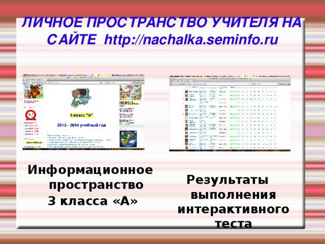 ЛИЧНОЕ ПРОСТРАНСТВО УЧИТЕЛЯ НА САЙТЕ http://nachalka.seminfo.ru Информационное пространство  3 класса «А» Результаты выполнения интерактивного теста