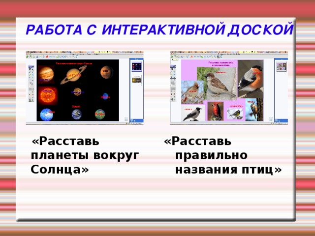 РАБОТА С ИНТЕРАКТИВНОЙ ДОСКОЙ «Расставь правильно названия птиц»     «Расставь планеты вокруг Солнца»