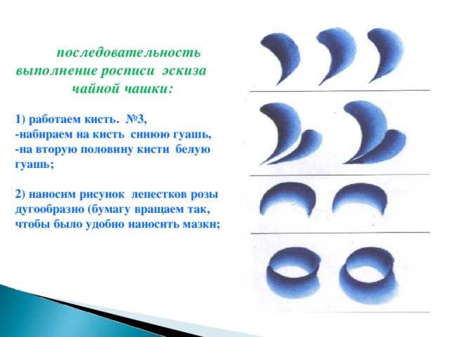 последовательность выполнение росписи эскиза чайной чашки:  1 ) работаем кисть . №3, - набираем на кисть синюю гуашь, - на вторую половину кисти белую гуашь;  2 ) наносим рисунок лепестков розы дугообразно (бумагу вращаем так, чтобы было удобно наносить мазки;