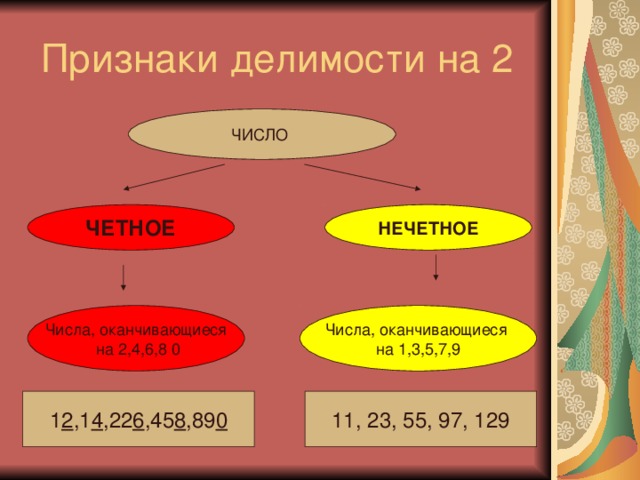 Признаки делимости на 2 ЧИСЛО ЧЕТНОЕ НЕЧЕТНОЕ Числа, оканчивающиеся  на 2,4,6,8 0 Числа, оканчивающиеся на 1,3,5,7,9 1 2 ,1 4 ,22 6 ,45 8 ,89 0 11, 23, 55, 97, 129