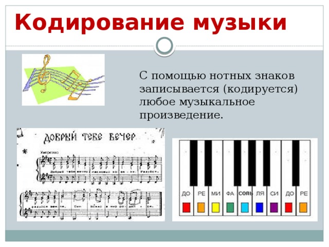 Кодирование музыки С помощью нотных знаков записывается (кодируется) любое музыкальное произведение.
