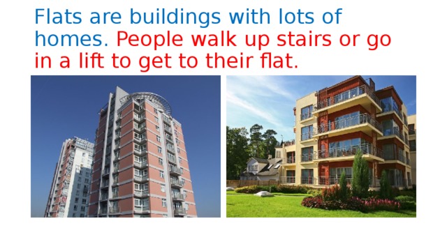 Flats are buildings with lots of homes. People walk up stairs or go in a lift to get to their flat.