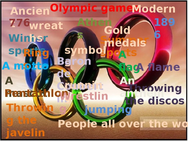 Olympic games Modern Ancient  1896 Athens 776 wreaths Gold medals Winter sports Summer sports symbols Rings A flag Baron de Coubertin A motto A flame A mascot An anthem running Throwing the discos Pentathlon Wrestling Throwing the javelin jumping People all over the world