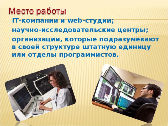 IT-компании и web-студии; научно-исследовательские центры; организации, которые подразумевают в своей структуре штатную единицу или отделы программистов.