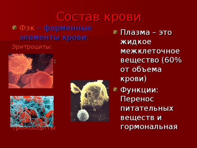 Состав крови Фэк – форменные элементы крови: Эритроциты:                   Лейкоциты : тромбоциты