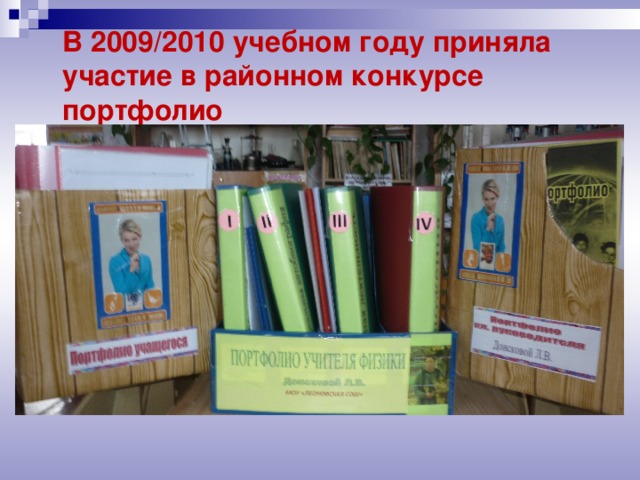 В 2009/2010 учебном году приняла участие в районном конкурсе портфолио