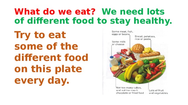 What do we eat? We need lots of different food to stay healthy. Try to eat some of the different food on this plate every day.