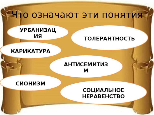 Что означают эти понятия   УРБАНИЗАЦИЯ     ТОЛЕРАНТНОСТЬ     КАРИКАТУРА     АНТИСЕМИТИЗМ     СИОНИЗМ     СОЦИАЛЬНОЕ НЕРАВЕНСТВО