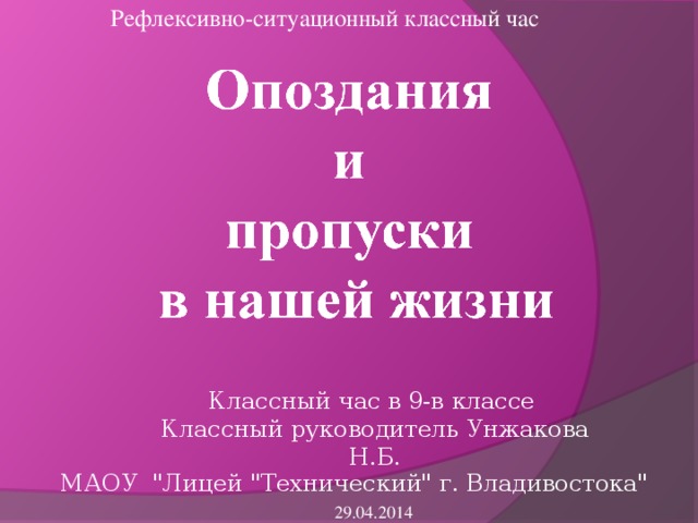 Рефлексивно-ситуационный классный час Классный час в 9-в классе Классный руководитель Унжакова Н.Б. МАОУ 