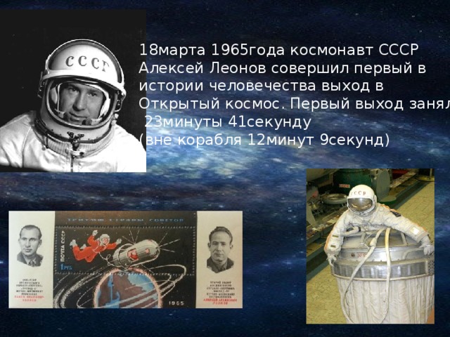 18марта 1965года космонавт СССР Алексей Леонов совершил первый в истории человечества выход в Открытый космос. Первый выход занял  23минуты 41секунду (вне корабля 12минут 9секунд)