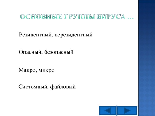 Резидентный, нерезидентный Опасный, безопасный Макро, микро Системный, файловый