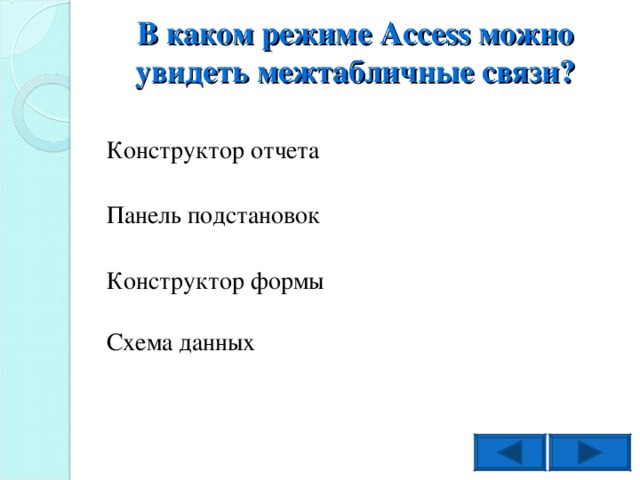 В каком режиме Access можно увидеть межтабличные связи? Конструктор отчета Панель подстановок Конструктор формы Схема данных