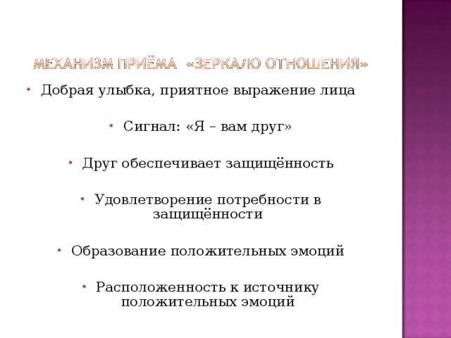 Добрая улыбка, приятное выражение лица Сигнал: «Я – вам друг» Друг обеспечивает защищённость Удовлетворение потребности в защищённости Образование положительных эмоций Расположенность к источнику положительных эмоций