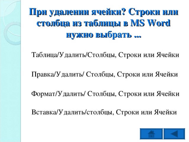 При удалении ячейки? Строки или столбца из таблицы в MS Word нужно выбрать ... Таблица/Удалить/Столбцы, Строки или Ячейки Правка/Удалить/ Столбцы, Строки или Ячейки Формат/Удалить/ Столбцы, Строки или Ячейки Вставка/Удалить/столбцы, Строки или Ячейки