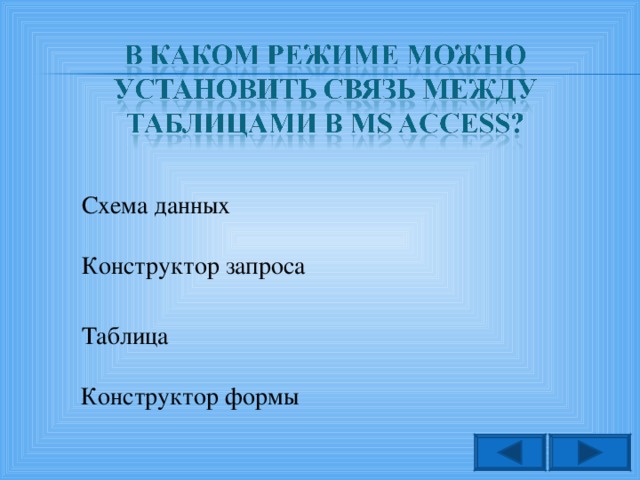 Схема данных Конструктор запроса Таблица Конструктор формы