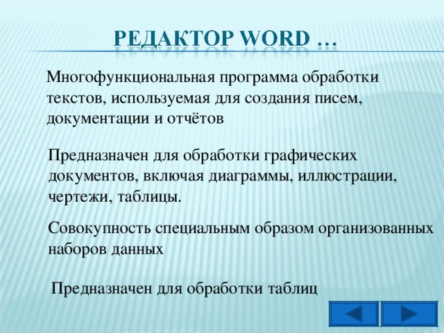 Многофункциональная программа обработки текстов, используемая для создания писем, документации и отчётов Предназначен для обработки графических документов, включая диаграммы, иллюстрации, чертежи, таблицы. Совокупность специальным образом организованных наборов данных Предназначен для обработки таблиц