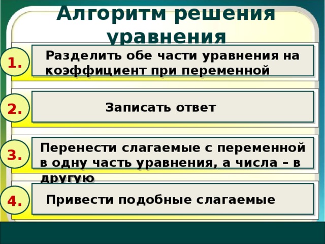 Алгоритм решения уравнения Разделить обе части уравнения на коэффициент при переменной 1. Записать ответ 2. Перенести слагаемые с переменной в одну часть уравнения, а числа – в другую 3. В конструкторе использована идея перемещения объектов в режиме просмотра демонстрации, предложенная Гансом Хофманом (Hans Werner Hofmann hw@lemitec.de ) Привести подобные слагаемые 4. 1 Итоги Укажите все правильные позиции! 1 бал. Задание