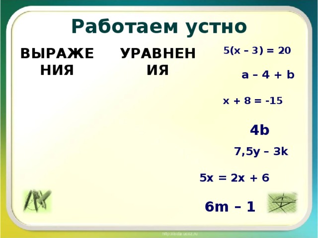 Работаем устно ВЫРАЖЕНИЯ УРАВНЕНИЯ 5( x – 3) = 20 a – 4 + b x + 8 = -15 4 b 7,5у – 3 k 5 x = 2 x + 6 6 m – 1