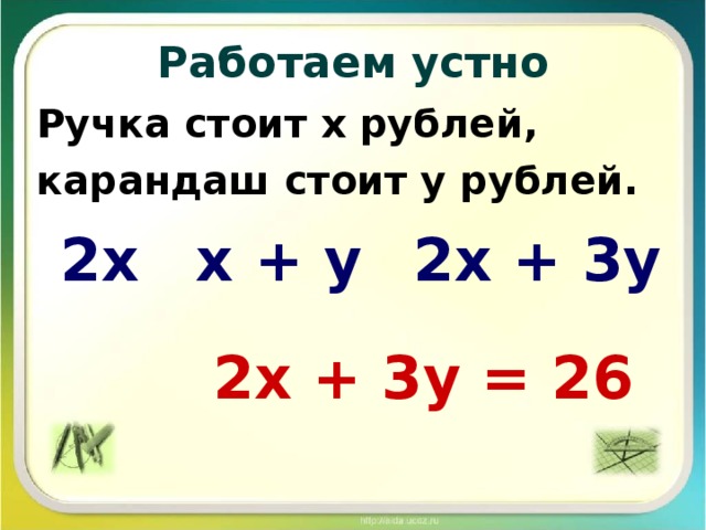 Работаем устно Ручка стоит х рублей, карандаш стоит у рублей. 2х х + у 2х + 3у 2х + 3у = 26