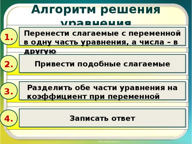 Алгоритм решения уравнения Перенести слагаемые с переменной в одну часть уравнения, а числа – в другую 1. Привести подобные слагаемые 2. Разделить обе части уравнения на коэффициент при переменной 3. Записать ответ 4.