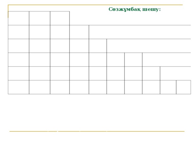 Сөзжұмбақ шешу:           1.ЭЕМ-нің І буынының элементтік базасы. 2. Гректердің ежелгі санау құралы. 3. Бірінші электронды компьютер. 4. Қосатын машинаны ойлап тапқан адам. 5. Санау-перфорациялық машинасын жарыққа шығарушы. 6. ЭЕМ-нің ІІ буынының элементтің базасы.