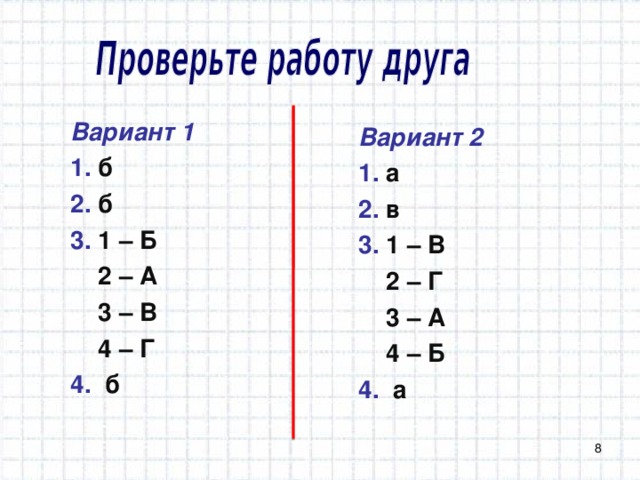 Вариант 1 1. б 2. б 3. 1 – Б  2 – А  3 – В  4 – Г 4. б Вариант 2 1. а 2. в 3. 1 – В  2 – Г  3 – А  4 – Б 4. а 3