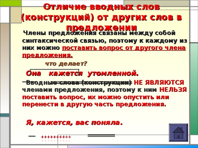 Отличие вводных слов (конструкций) от других слов в предложении  Члены предложения связаны между собой синтаксической связью, поэтому к каждому из них можно поставить вопрос от другого члена предложения.  что делает?  Она кажется утомленной.  Вводные слова (конструкции) НЕ ЯВЛЯЮТСЯ членами предложения, поэтому к ним НЕЛЬЗЯ поставить вопрос, их можно опустить или перенести в другую часть предложения.   Я, кажется, вас поняла.