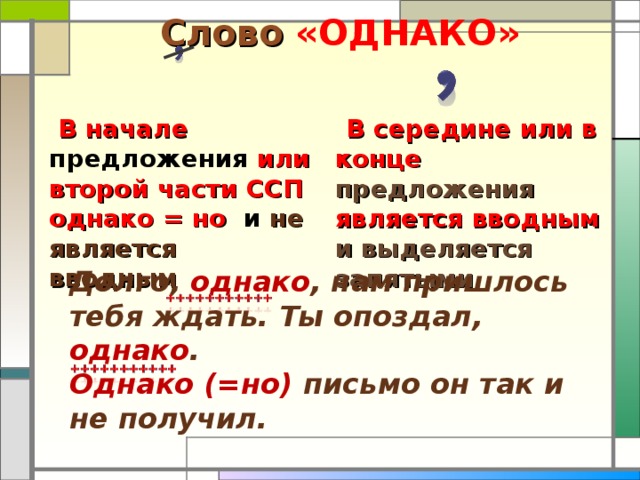 Слово  «ОДНАКО»  В начале предложения или второй части ССП однако = но  и не является вводным  В середине или в конце  предложения является вводным и выделяется запятыми  Долго, однако , нам пришлось тебя ждать. Ты опоздал, однако . Однако  (=но) письмо он так и не получил.