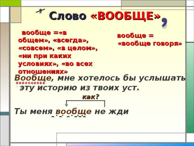 Слово «ВООБЩЕ»  вообще =«в общем», «всегда», «совсем», «в целом», «ни при каких условиях», «во всех отношениях»  вообще = «вообще говоря» Вообще , мне хотелось бы услышать эту историю из твоих уст.  Ты меня вообще не жди как? _ . _. _ . _._._