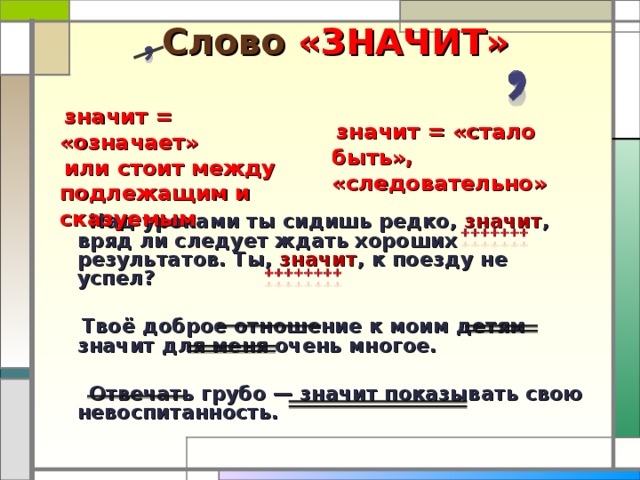 Слово «ЗНАЧИТ»  значит = «означает»  или стоит между подлежащим и сказуемым  значит = «стало быть», «следовательно»  Над уроками ты сидишь редко, значит , вряд ли следует ждать хороших результатов. Ты, значит , к поезду не успел?   Твоё доброе отношение к моим детям значит для меня очень многое.   Отвечать грубо — значит показывать свою невоспитанность.