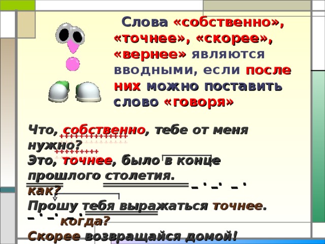 Слова  «собственно», «точнее», «скорее», «вернее» являются вводными, если после них можно поставить слово  «говоря»  Что, собственно , тебе от меня нужно? Это, точнее , было в конце прошлого столетия. как? Прошу тебя выражаться точнее .  когда? Скорее возвращайся домой!  _ . _. _ .   _ . _. _ .